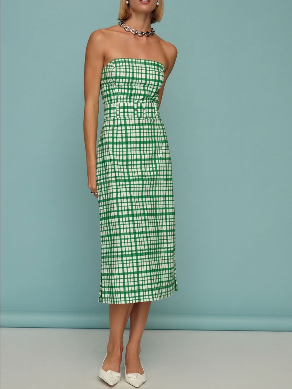 Gingham Strapless Belted Midi Dress - Size S